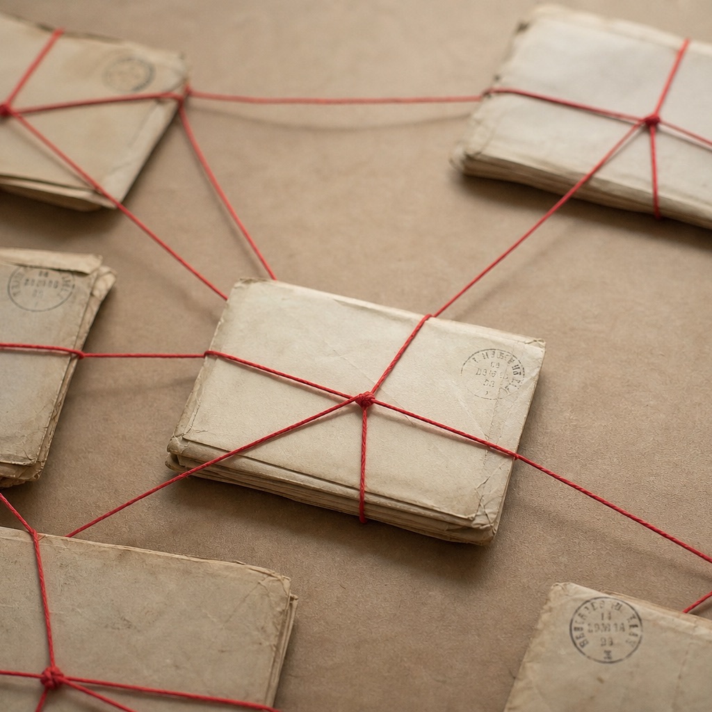 Vieilles enveloppes de papier reliées par du fil rouge formant une ligne de réseau, sur fond papier kraft