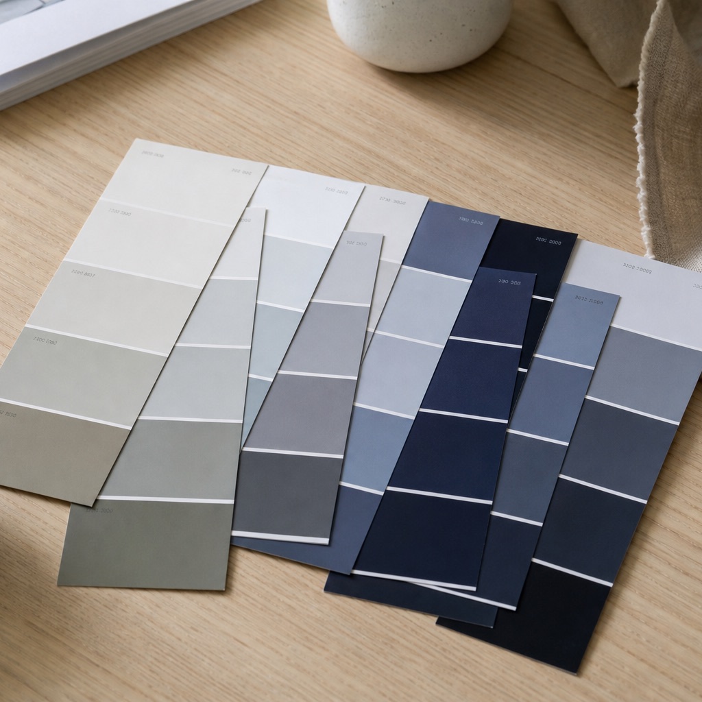 Nuanciers de couleurs indigo et neutres éventailés sur un bureau clair, échantillons papier aux codes illisibles